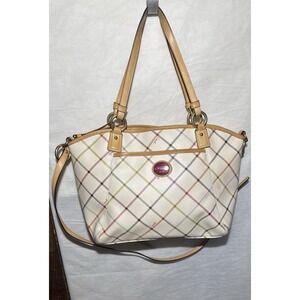 Coach White Tattersall Plaid Tote and Wristlet Set with Tan Leather Trim